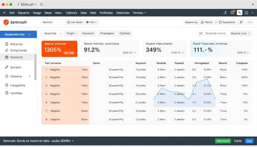 Dashboard de SEMrush mostrando análisis avanzado de palabras clave con métricas detalladas Dashboard de SEMrush mostrando análisis avanzado de palabras clave con métricas detalladas