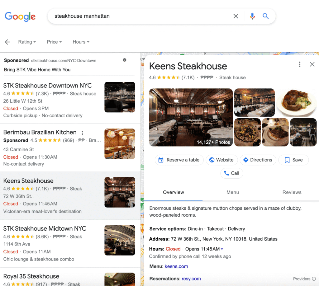 Ejemplo de cómo se ve un perfil Google My Business correctamente optimizado para un restaurante