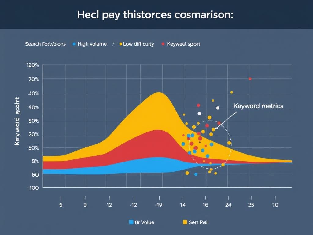Gráfico comparativo de métricas de palabras clave mostrando volumen de búsqueda vs dificultad Gráfico comparativo de métricas de palabras clave mostrando volumen de búsqueda vs dificultad