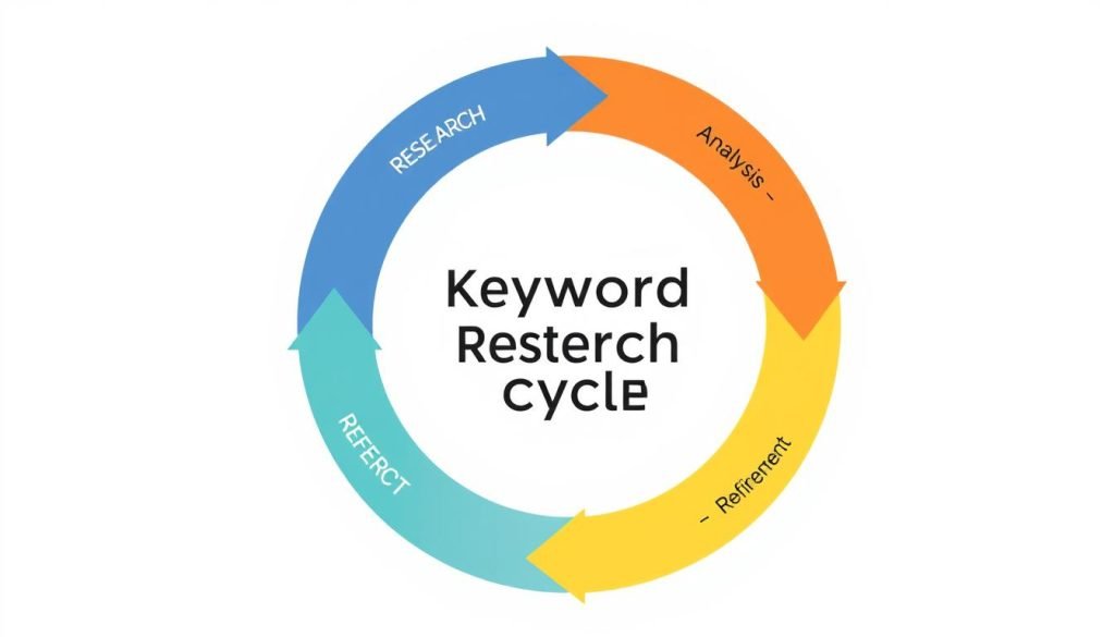 Proceso cíclico de investigación de palabras clave mostrando las etapas de investigación, implementación, análisis y refinamiento Proceso cíclico de investigación de palabras clave mostrando las etapas de investigación, implementación, análisis y refinamiento